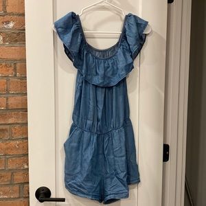 Size Small Blue Off-Shoulder Ruffled Romper with Pockets